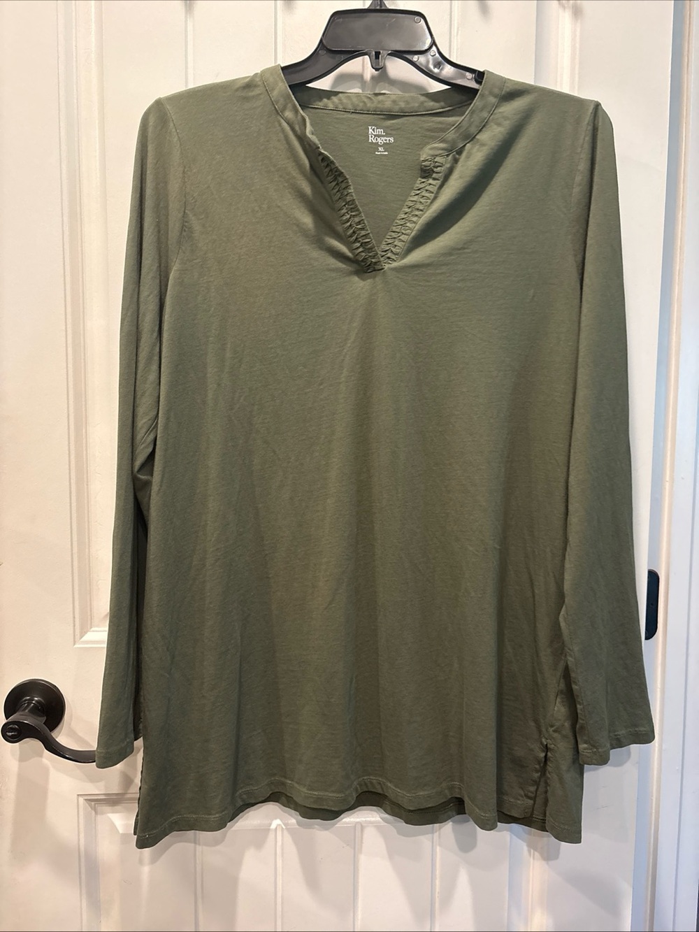 Kim Rogers Olive Green Long Sleeve split V-Neck Top with Braided Trim